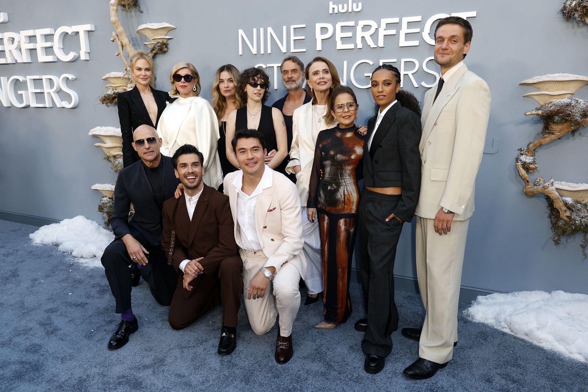 Nicole Kidman, Mark Strong, Christine Baranski, Aras Aydın, Annie Murphy, Henry Golding, King Princess, Murray Bartlett, Lena Olin, Dolly De Leon, Maisie Richardson-Sellers and Lucas Englander attend the Los Angeles Premiere of Hulu's "Nine Perfect Strangers" Season 2 at The Beverly Estate on May 15, 2025, in Beverly Hills, California. (Image via Getty)